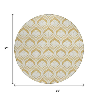8' Gold And Ivory Round Geometric Washable Indoor Outdoor Area Rug HomeRoots