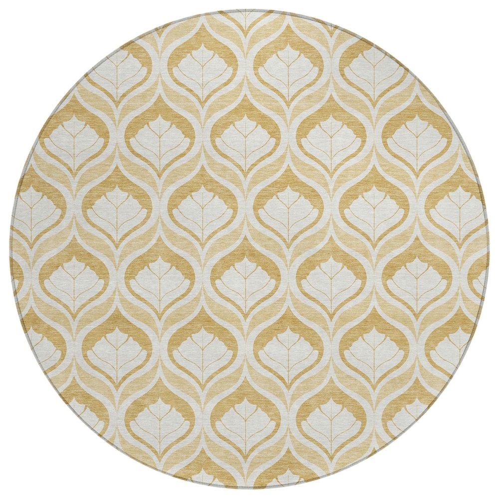 8' Gold And Ivory Round Geometric Washable Indoor Outdoor Area Rug HomeRoots