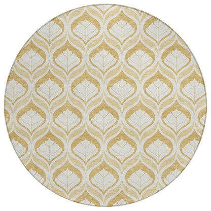 8' Gold And Ivory Round Geometric Washable Indoor Outdoor Area Rug HomeRoots
