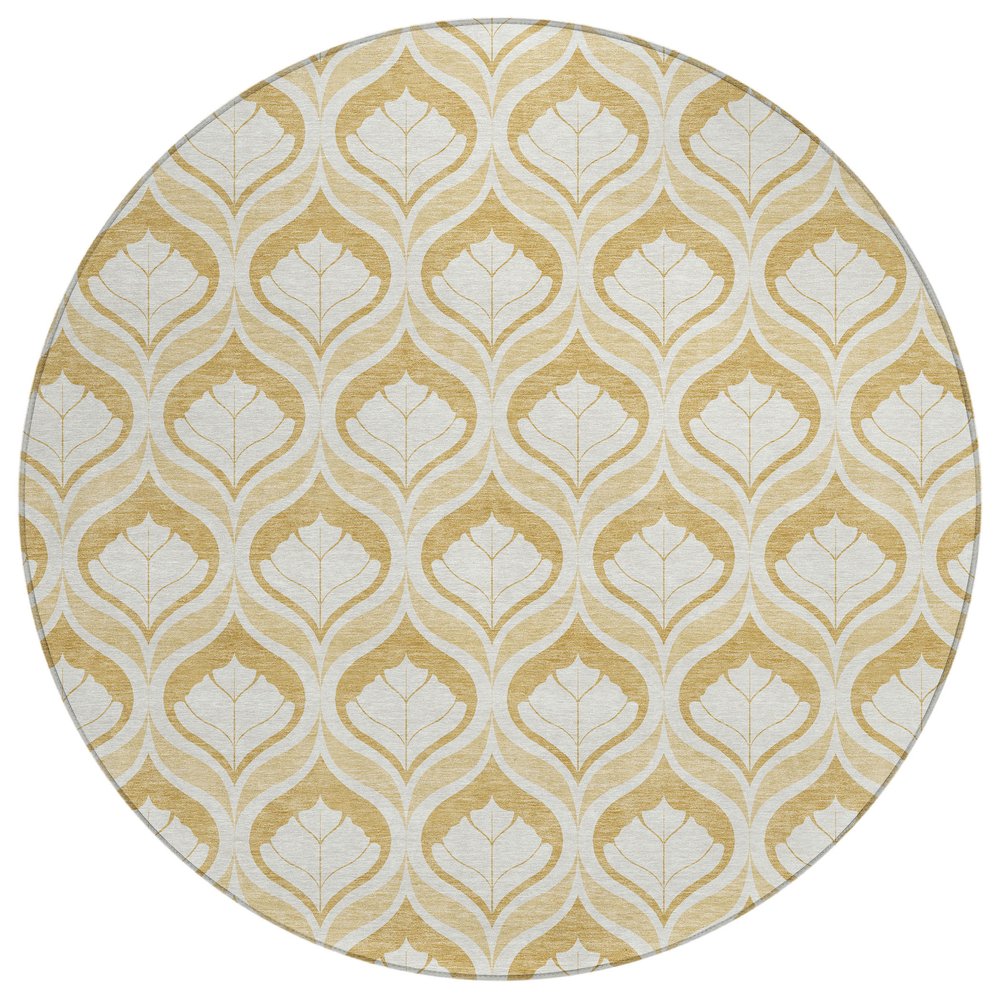 8' Gold And Ivory Round Geometric Washable Indoor Outdoor Area Rug HomeRoots