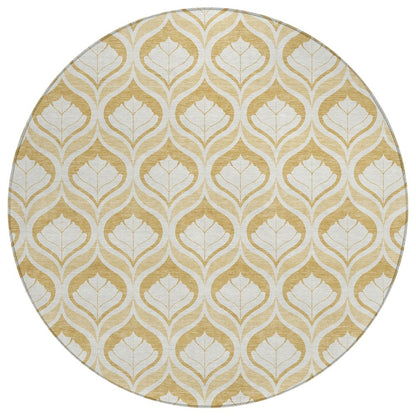 8' Gold And Ivory Round Geometric Washable Indoor Outdoor Area Rug HomeRoots