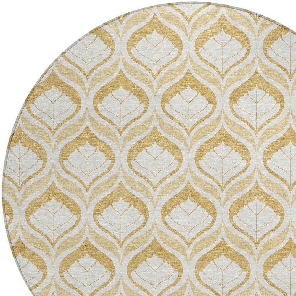 8' Gold And Ivory Round Geometric Washable Indoor Outdoor Area Rug HomeRoots