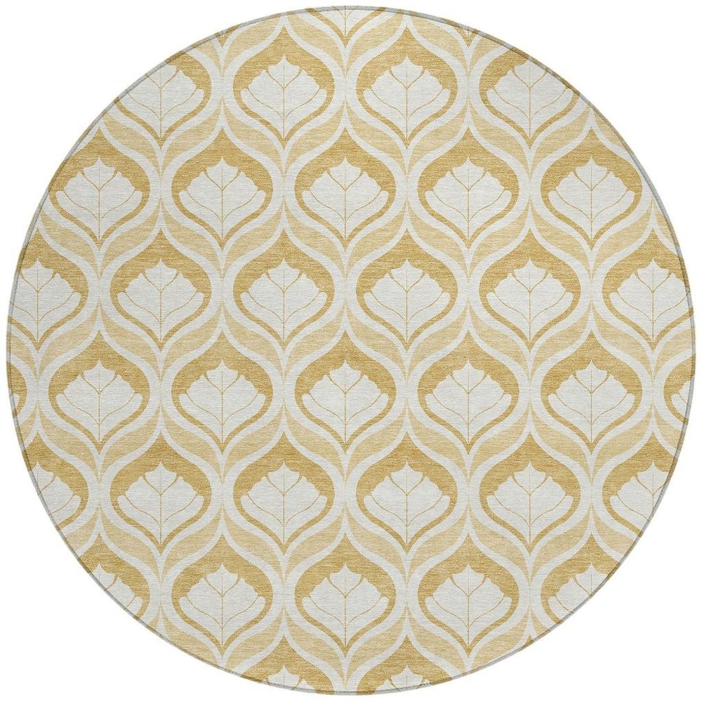 8' Gold And Ivory Round Geometric Washable Indoor Outdoor Area Rug HomeRoots