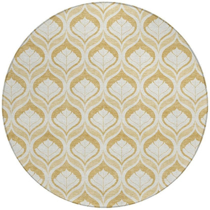 8' Gold And Ivory Round Geometric Washable Indoor Outdoor Area Rug HomeRoots