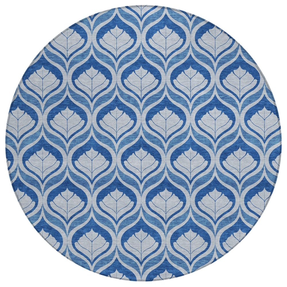 8' Navy Blue And Sky Blue Round Geometric Washable Indoor Outdoor Area Rug HomeRoots