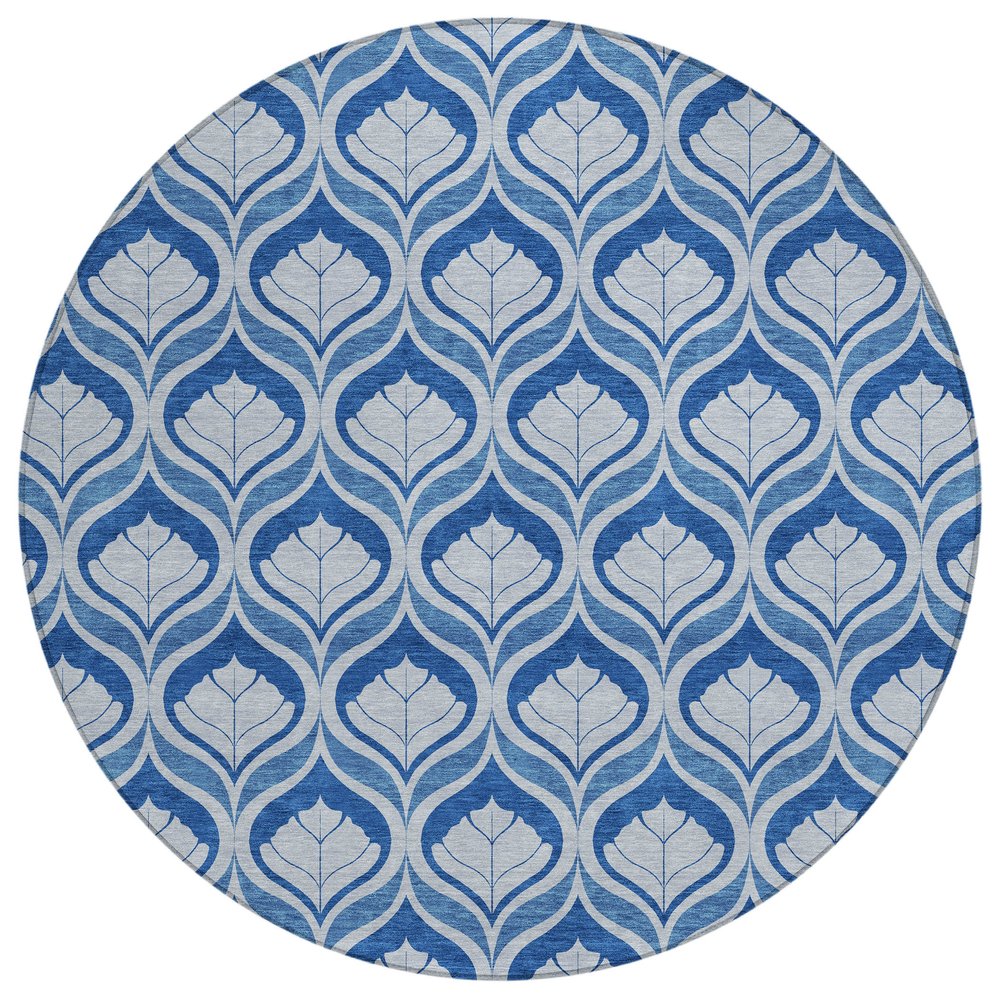 8' Navy Blue And Sky Blue Round Geometric Washable Indoor Outdoor Area Rug HomeRoots