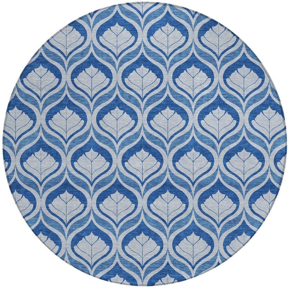 8' Navy Blue And Sky Blue Round Geometric Washable Indoor Outdoor Area Rug HomeRoots