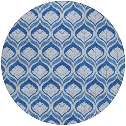 8' Navy Blue And Sky Blue Round Geometric Washable Indoor Outdoor Area Rug HomeRoots