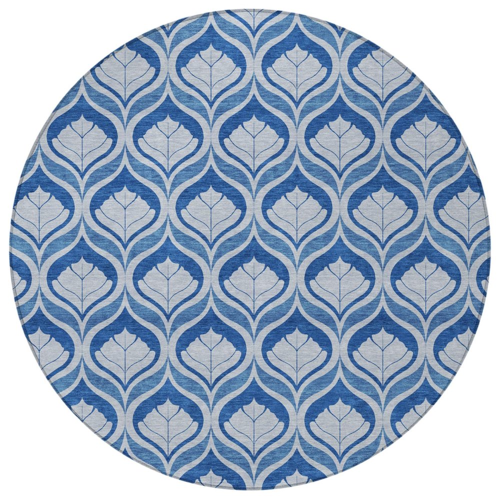 8' Navy Blue And Sky Blue Round Geometric Washable Indoor Outdoor Area Rug HomeRoots