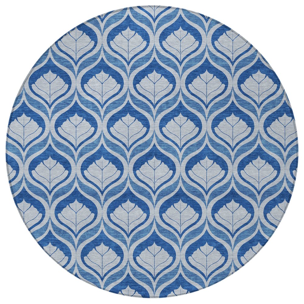8' Navy Blue And Sky Blue Round Geometric Washable Indoor Outdoor Area Rug HomeRoots