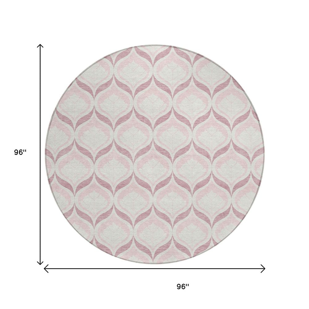 8' Pink And Ivory Round Geometric Washable Indoor Outdoor Area Rug HomeRoots