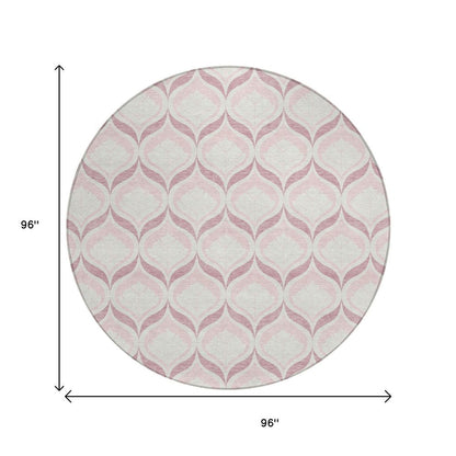 8' Pink And Ivory Round Geometric Washable Indoor Outdoor Area Rug HomeRoots