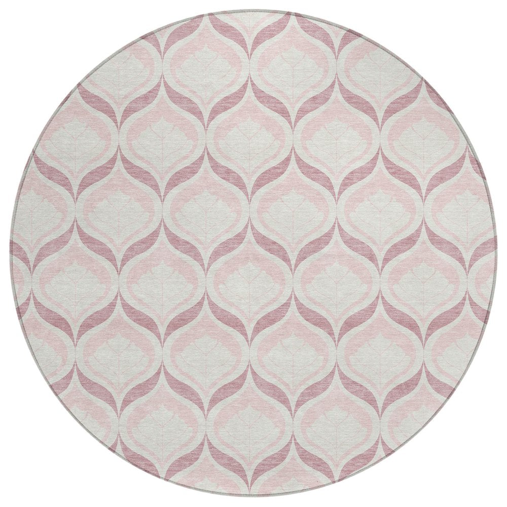 8' Pink And Ivory Round Geometric Washable Indoor Outdoor Area Rug HomeRoots