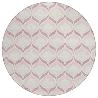8' Pink And Ivory Round Geometric Washable Indoor Outdoor Area Rug HomeRoots