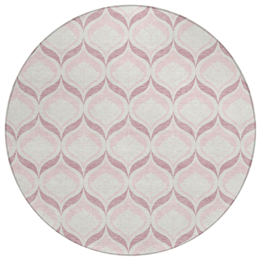 8' Pink And Ivory Round Geometric Washable Indoor Outdoor Area Rug HomeRoots
