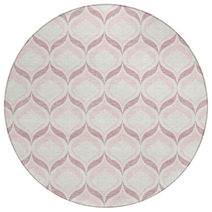8' Pink And Ivory Round Geometric Washable Indoor Outdoor Area Rug HomeRoots