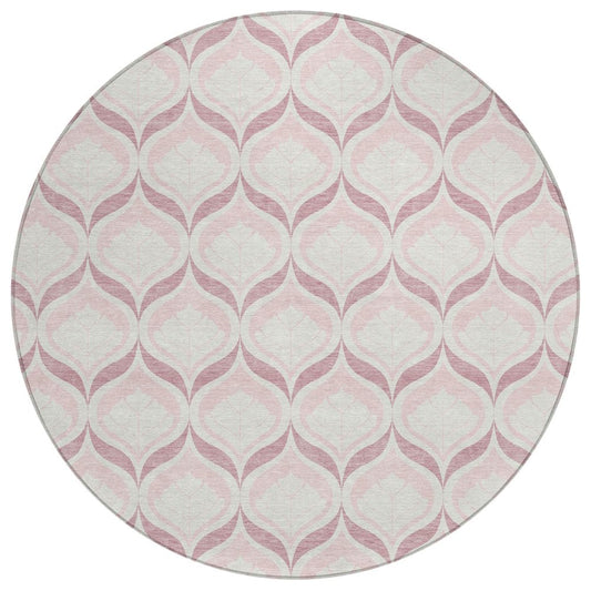 8' Pink And Ivory Round Geometric Washable Indoor Outdoor Area Rug HomeRoots