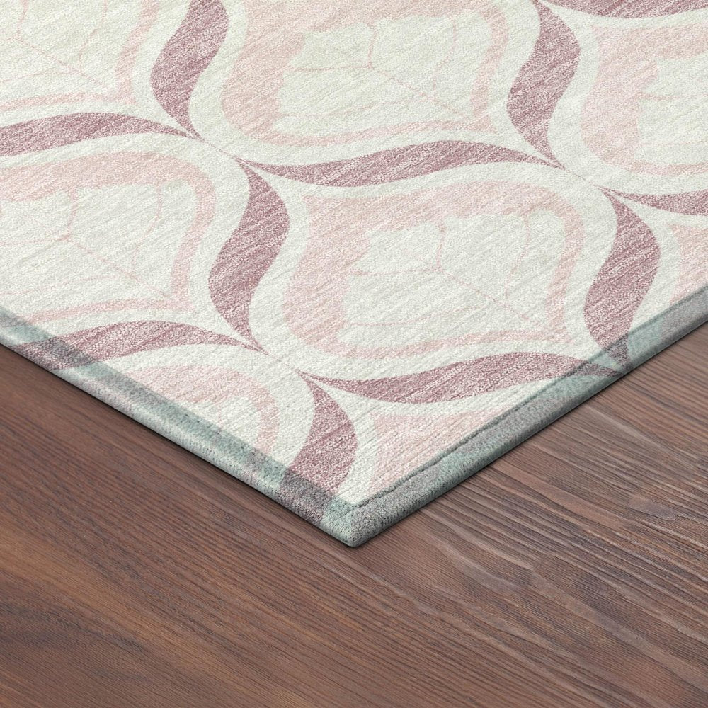 8' Pink And Ivory Round Geometric Washable Indoor Outdoor Area Rug HomeRoots