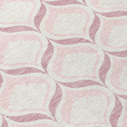 8' Pink And Ivory Round Geometric Washable Indoor Outdoor Area Rug HomeRoots