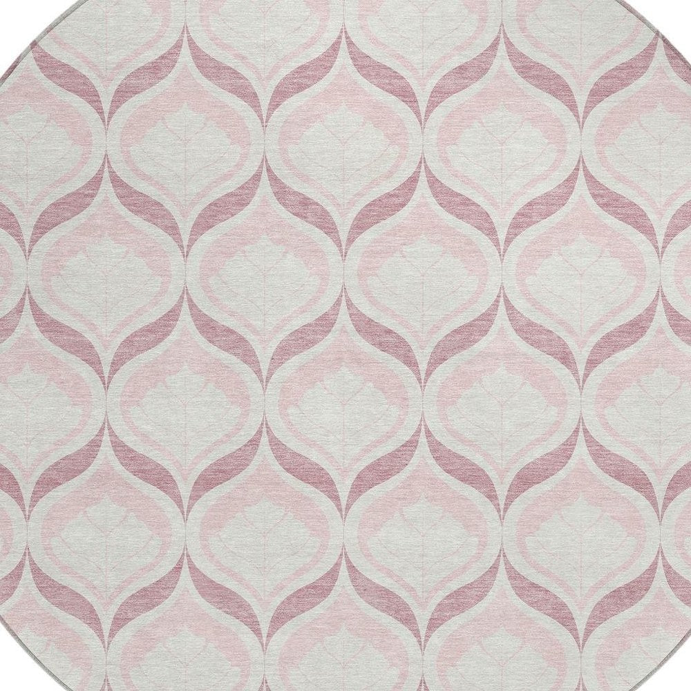 8' Pink And Ivory Round Geometric Washable Indoor Outdoor Area Rug HomeRoots