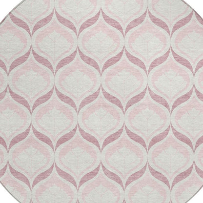 8' Pink And Ivory Round Geometric Washable Indoor Outdoor Area Rug HomeRoots