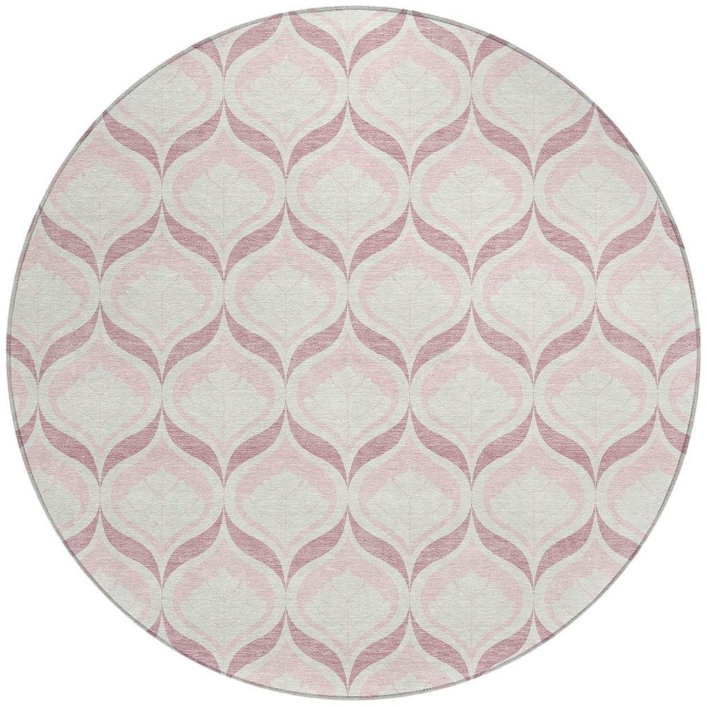 8' Pink And Ivory Round Geometric Washable Indoor Outdoor Area Rug HomeRoots