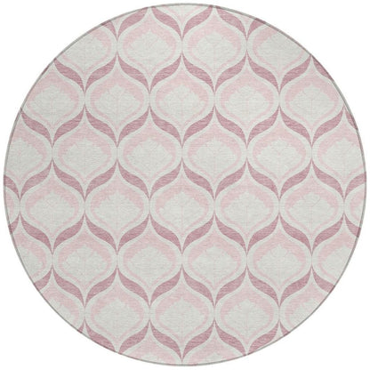 8' Pink And Ivory Round Geometric Washable Indoor Outdoor Area Rug HomeRoots