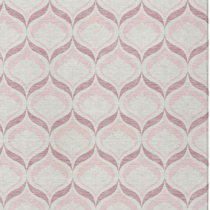 9' X 12' Pink And Ivory Geometric Washable Indoor Outdoor Area Rug