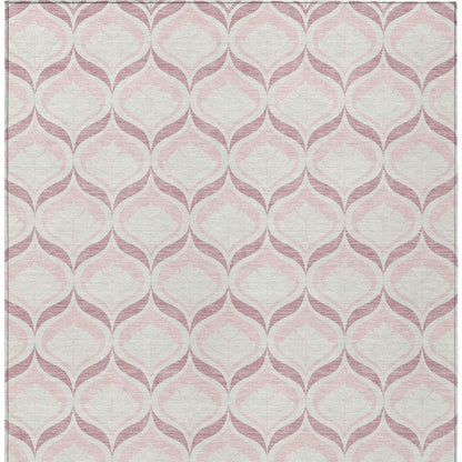 9' X 12' Pink And Ivory Geometric Washable Indoor Outdoor Area Rug