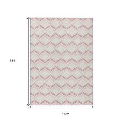 9' X 12' Pink And Ivory Geometric Washable Indoor Outdoor Area Rug