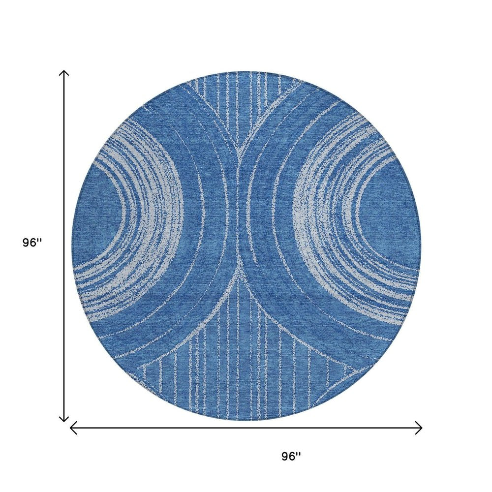 8' Navy Blue And Sky Blue Round Geometric Washable Indoor Outdoor Area Rug HomeRoots