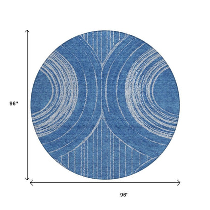 8' Navy Blue And Sky Blue Round Geometric Washable Indoor Outdoor Area Rug HomeRoots