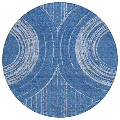 8' Navy Blue And Sky Blue Round Geometric Washable Indoor Outdoor Area Rug HomeRoots