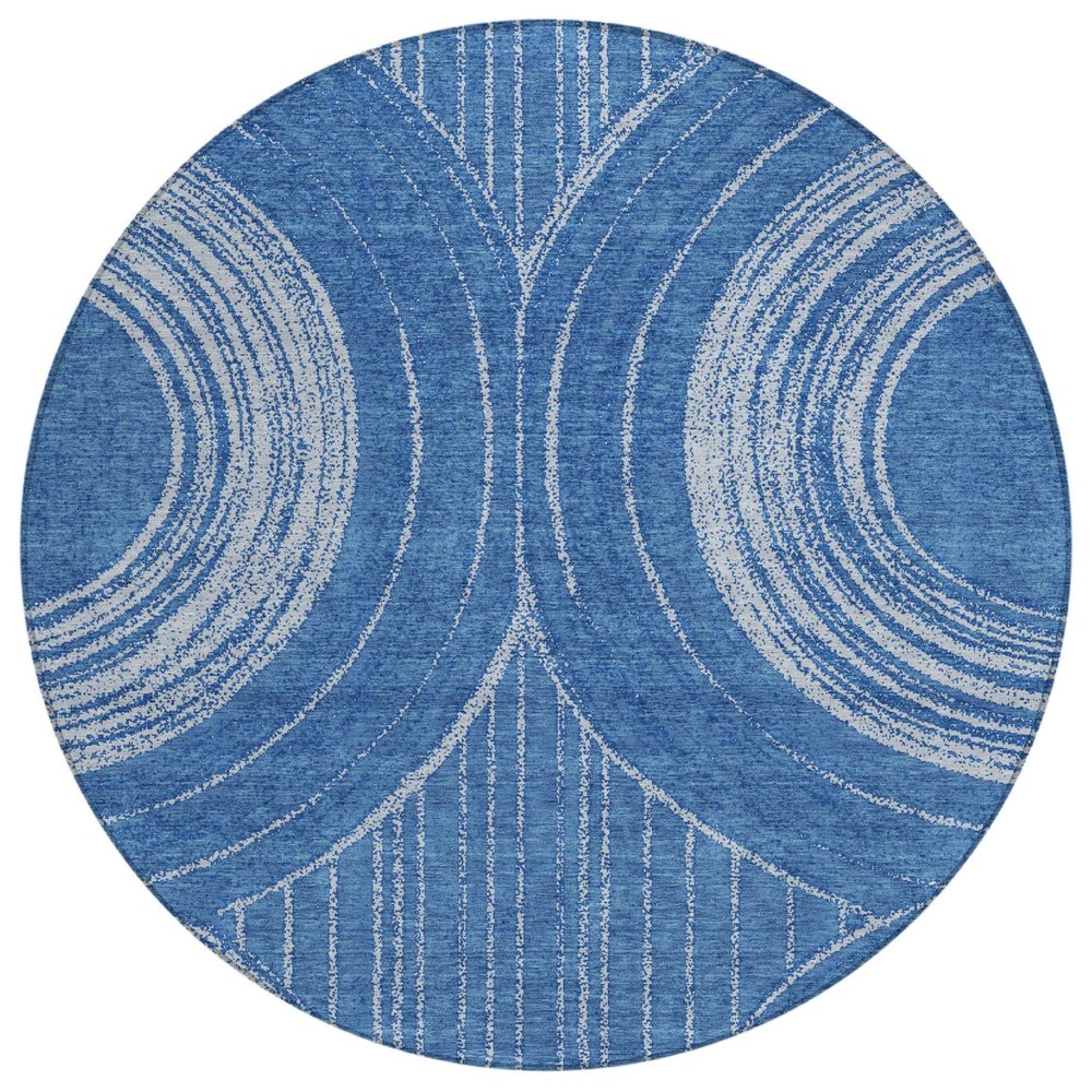 8' Navy Blue And Sky Blue Round Geometric Washable Indoor Outdoor Area Rug HomeRoots