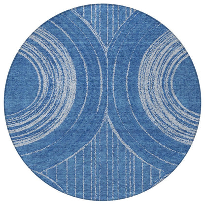 8' Navy Blue And Sky Blue Round Geometric Washable Indoor Outdoor Area Rug HomeRoots