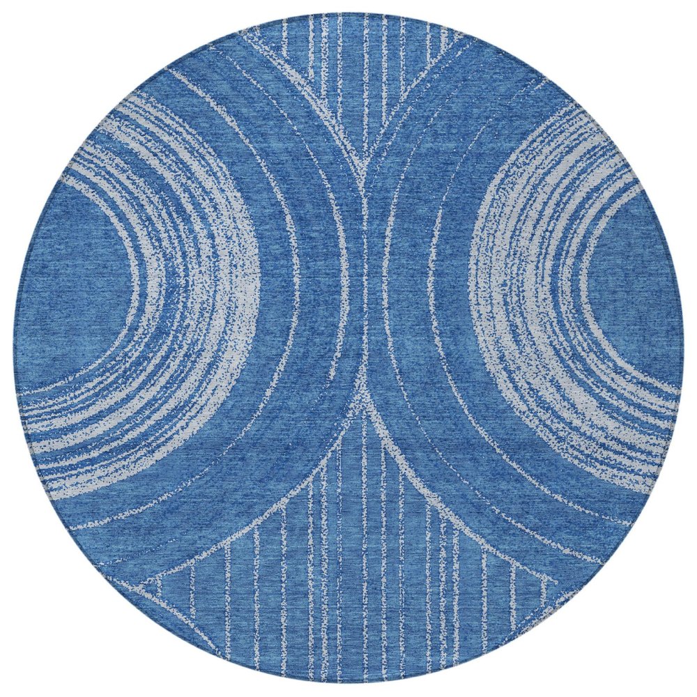 8' Navy Blue And Sky Blue Round Geometric Washable Indoor Outdoor Area Rug HomeRoots