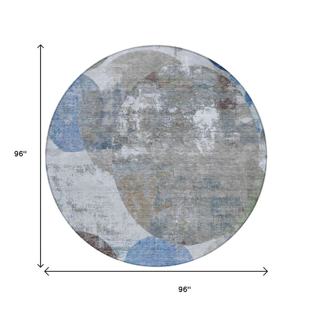 8' Blue And Beige Round Geometric Washable Indoor Outdoor Area Rug HomeRoots