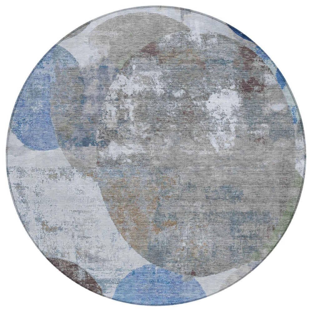 8' Blue And Beige Round Geometric Washable Indoor Outdoor Area Rug HomeRoots