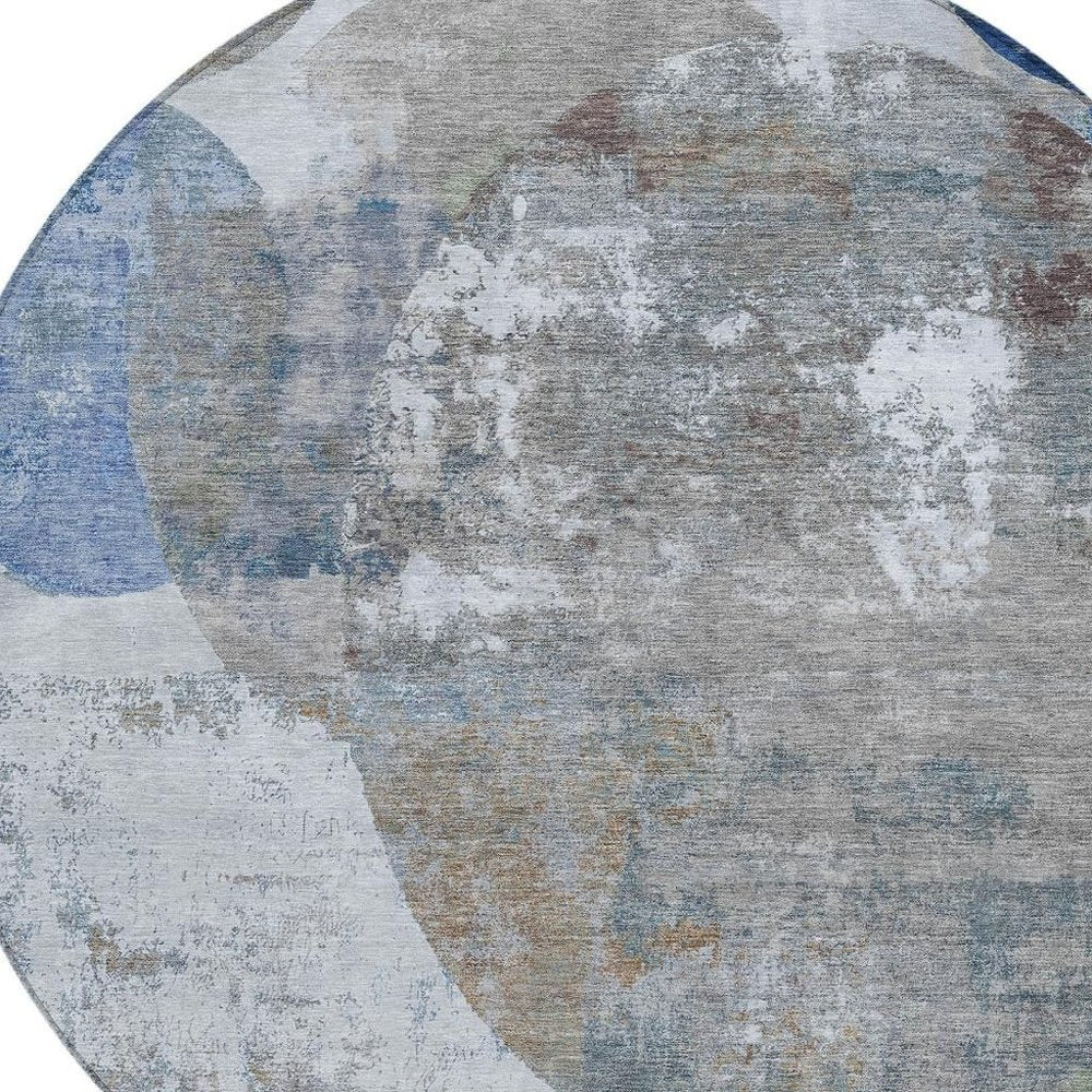 8' Blue And Beige Round Geometric Washable Indoor Outdoor Area Rug HomeRoots