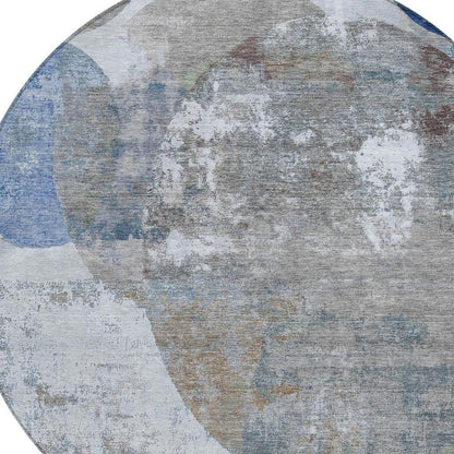 8' Blue And Beige Round Geometric Washable Indoor Outdoor Area Rug HomeRoots