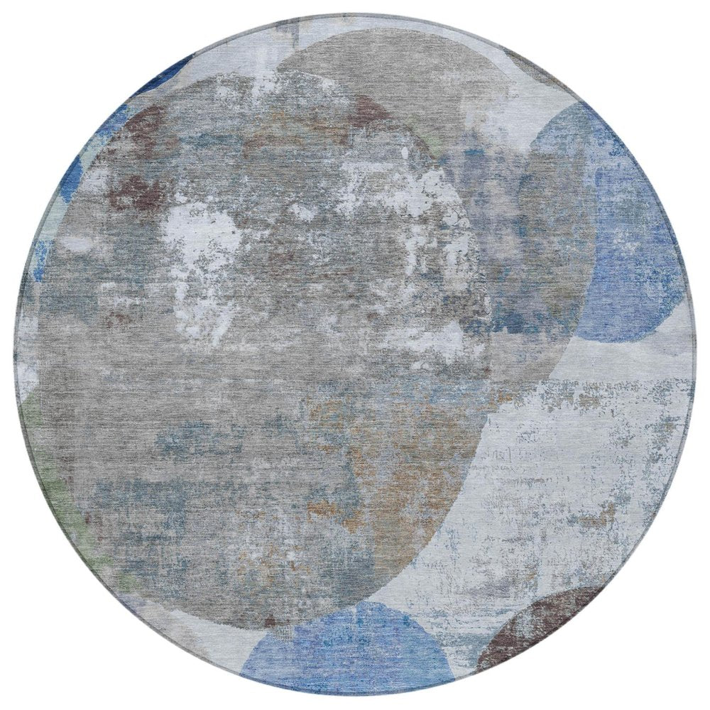 8' Blue And Beige Round Geometric Washable Indoor Outdoor Area Rug HomeRoots