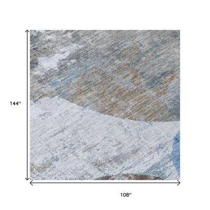 9' X 12' Blue And Beige Geometric Washable Indoor Outdoor Area Rug
