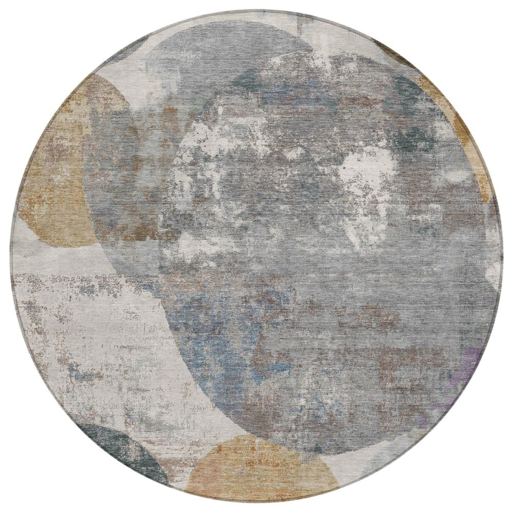 8' Khaki Gray And Ivory Round Geometric Washable Indoor Outdoor Area Rug HomeRoots