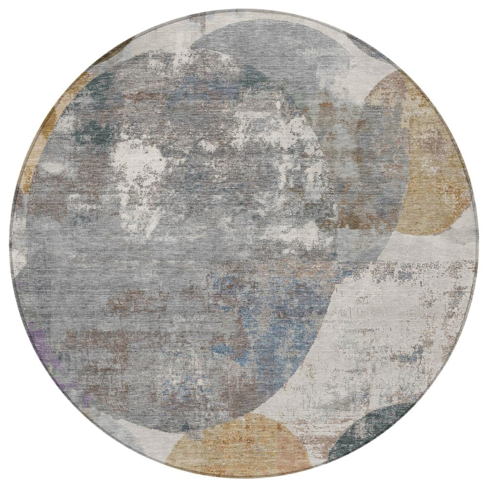 8' Khaki Gray And Ivory Round Geometric Washable Indoor Outdoor Area Rug HomeRoots