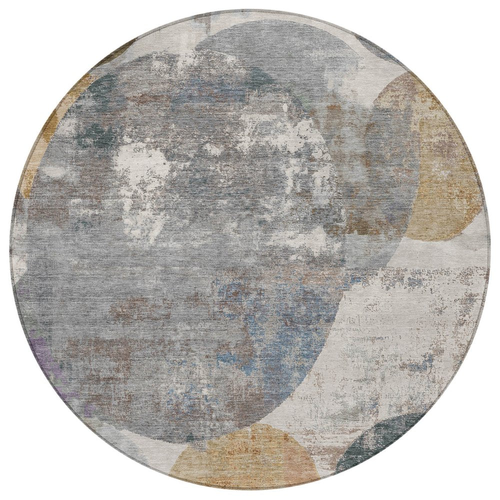 8' Khaki Gray And Ivory Round Geometric Washable Indoor Outdoor Area Rug HomeRoots