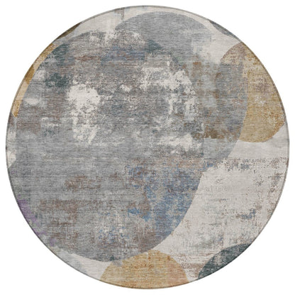 8' Khaki Gray And Ivory Round Geometric Washable Indoor Outdoor Area Rug HomeRoots