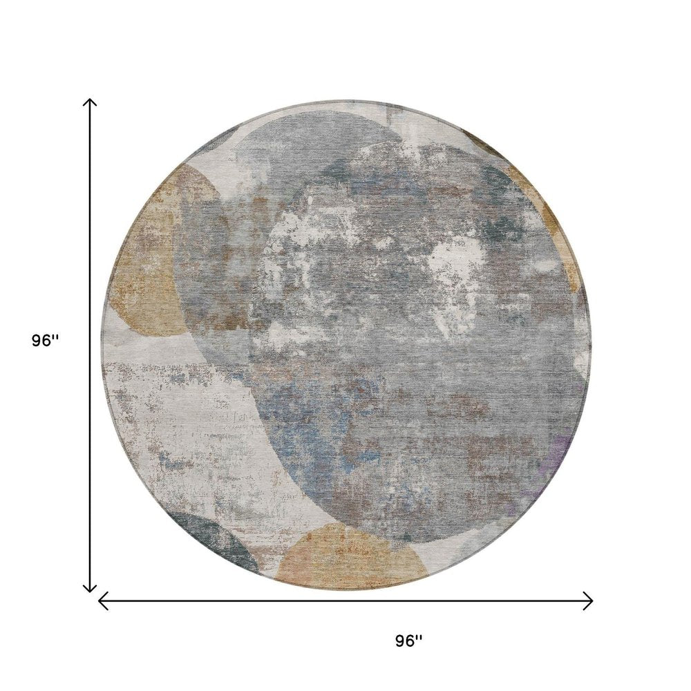 8' Khaki Gray And Ivory Round Geometric Washable Indoor Outdoor Area Rug HomeRoots