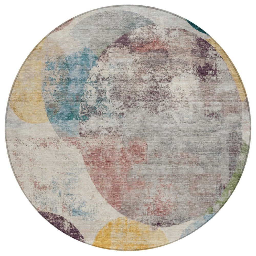 8' Beige Teal Blue And Gold Round Geometric Washable Indoor Outdoor Area Rug HomeRoots
