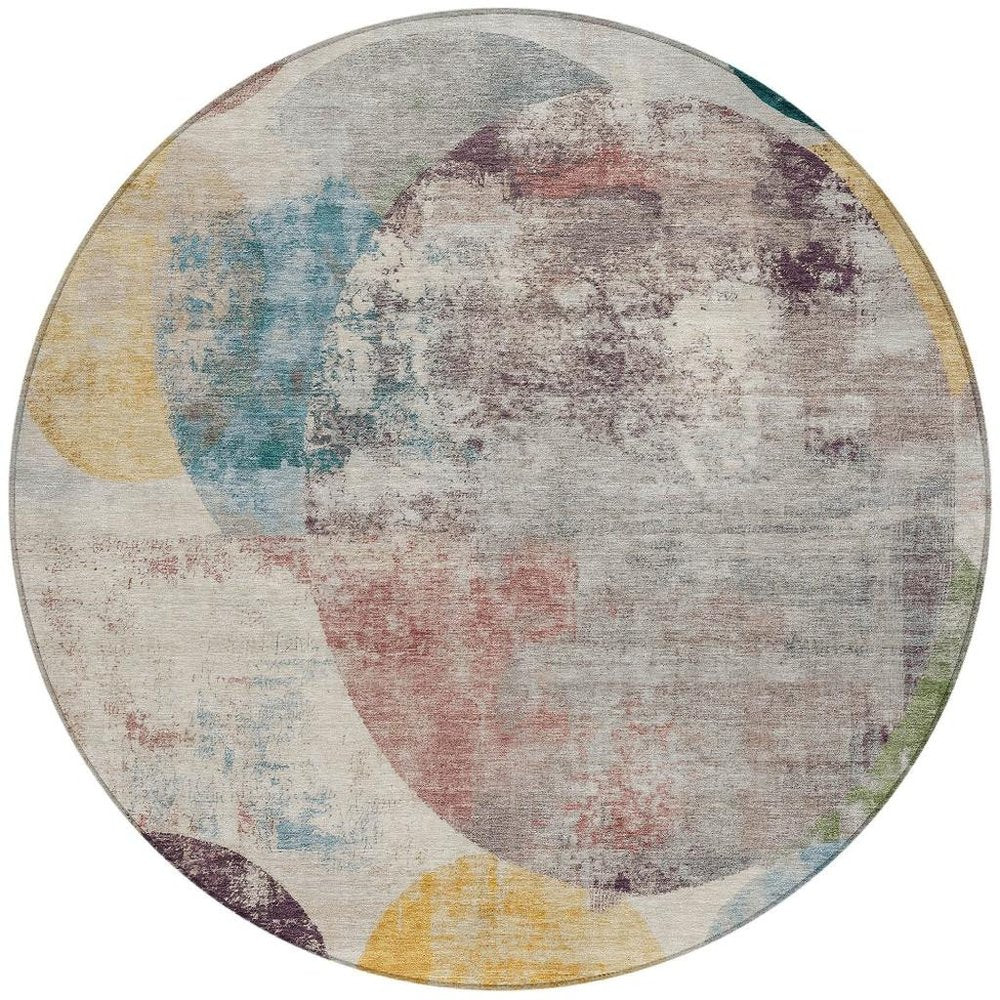 8' Beige Teal Blue And Gold Round Geometric Washable Indoor Outdoor Area Rug HomeRoots