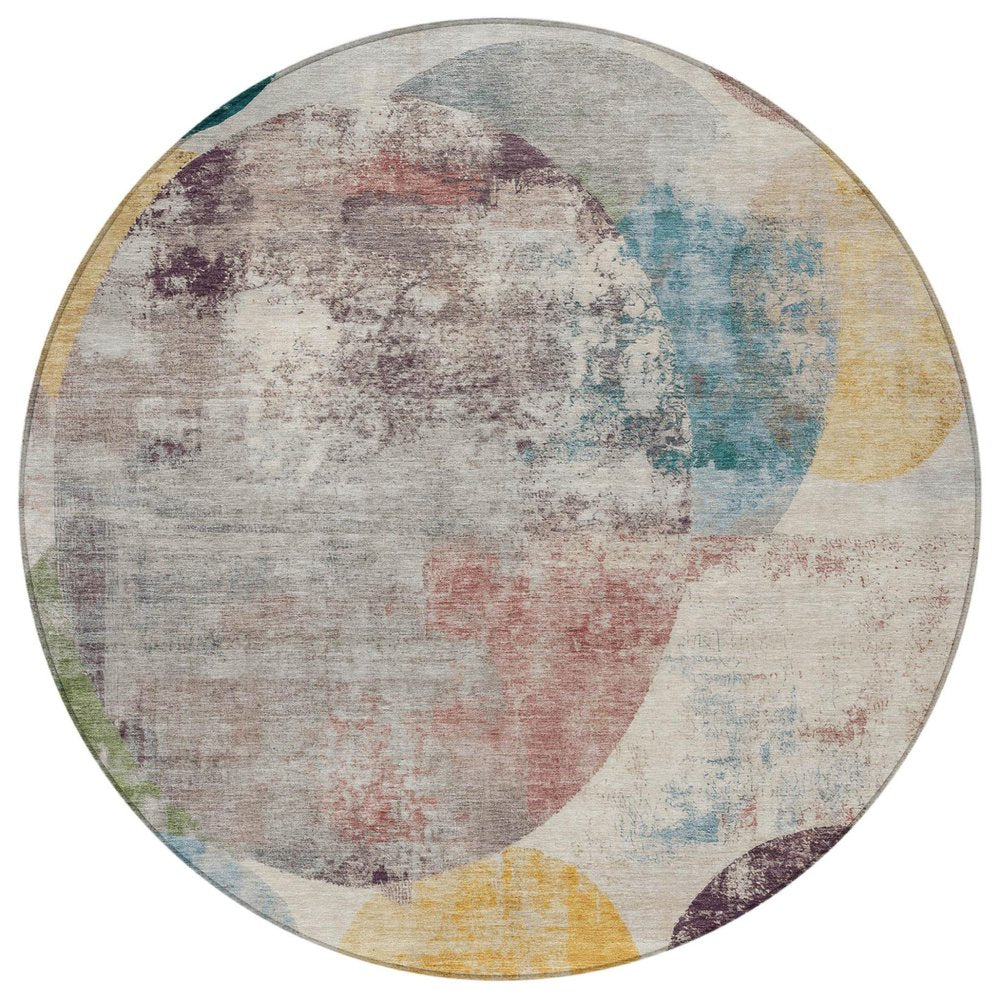 8' Beige Teal Blue And Gold Round Geometric Washable Indoor Outdoor Area Rug HomeRoots